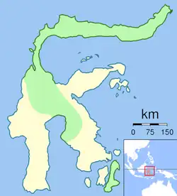Carte de l'île de Célèbes, dont la forme ressemble à la lettre « K » dont la branche supérieure s'incurverait longuement vers l'est. L'aire de répartition de l'oiseau figure en vert sur fond blanc, essentiellement au nord, ainsi que sur une importante île située au sud-est.