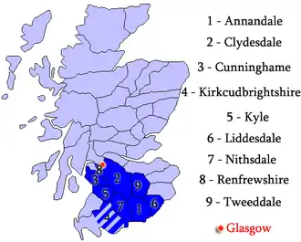 Carte montrant les principaux districts sous l'influence du diocèse de Glasgow au Moyen Âge. Plus généralement, toute la moitié sud était concernée. foncé.