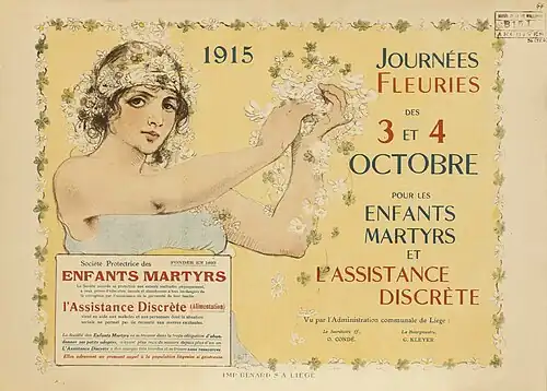 Affiche couleur annonçant les Journées fleuries de 1915 pour les Enfants Martyrs et l'Assistance Discrète. On y voit une femme avec une couronne de fleurs et tenant aussi des fleurs dans ses mains.