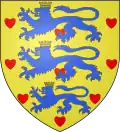D’or à trois lions léopardés d’azur lampassés de gueules, couronnés du champ, chacun accompagné de trois cœurs de gueules