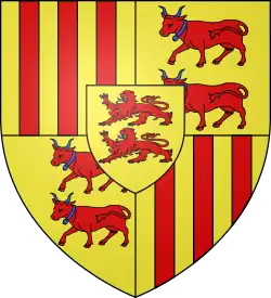 Blason de Foix-Béarn-Bigorre :Écartelé en 1er et 4e d'or aux trois pals de gueules, en 2e et 3e d'or aux deux vaches de gueules, accornées, colletées et clarinées d'azur, passant l'une sur l'autre et au centre d'or à deux lions léopardés de gueules armés et lampassés d'azur l'un sur l'autre.