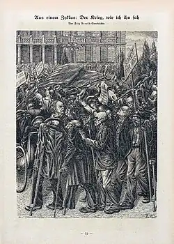 Défilé de mutilés de guerre : « La fin d'un cycle : la guerre comme je l'ai vue » dessin de Fritz Arnold&nbsp;(de), Simplicissimus, v. 1918-1921.