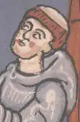 Détail d'une miniature du XIIIe siècle représentant l'abbé de Cîteaux Arnaud Amaury en coule grise.