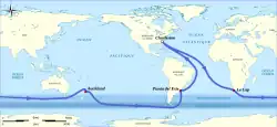 Mappemonde illustrant le parcours d'Around Alone 1998-1999