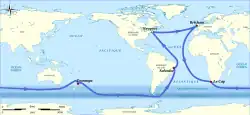 Mappemonde illustrant le parcours d'Around Alone 2002