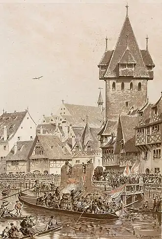 Dessin d'une longue barge en bois transportant des hommes et un chaudron sur une rivière au milieu d'une ville composé d'une tour et de maison en pierre et en bois.