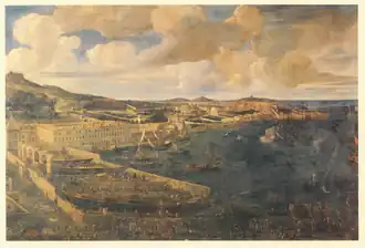 Vieux-Port de Marseille, ciel nuageux, nombreux bateaux dans la rade. Le bâtiment de l'Arsenal est au centre gauche du tableau. Nombreuses galères en construction avec foule de personnages s'affairant au premier plan ; au loin, l'archipel du Frioul et l'ancien fort remplacé ensuite par Notre Dame de La Garde.