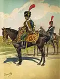 Un officier de l'armée napoléonienne en grand uniforme, accompagné au fond d'un de ses hommes.