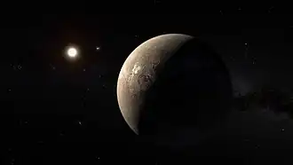 Vue d'artiste de Proxima Centauri b autour de la naine rouge Proxima Centauri. L'étoile binaire Alpha Centauri AB est visible à l'arrière-plan.