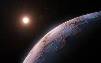 Vue d'artiste de Proxima Centauri d avec de la naine rouge Proxima Centauri ; les étoiles Alpha Centauri A & B sont visibles à l'arrière-plan.