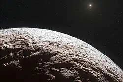 Représentation d'une surface très cratérisée et fortement illuminée par un Soleil éloigné.
