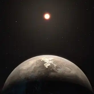 Vue d’artiste de Ross 128 b et de son étoile.