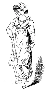 Dessin d'une jeune femme vêtue d'une robe classique. Ses mains touchent sa taille.