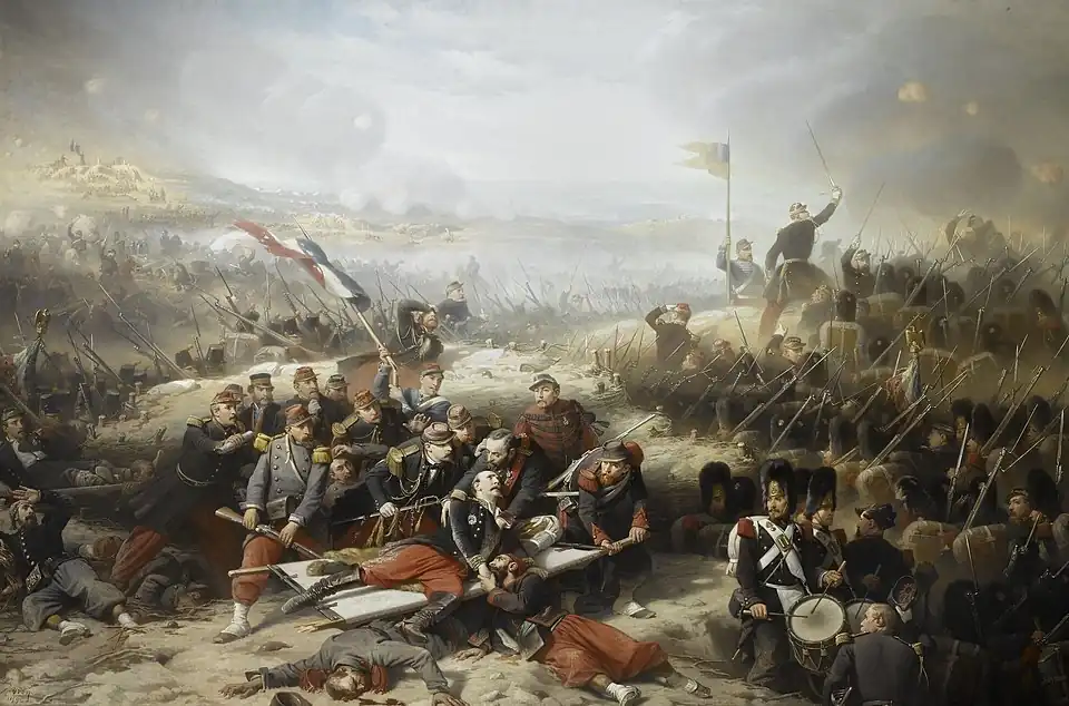 Tableau montrant une scène de guerre, au premier plan un officier sur une civière, à l'arrière-plan, un officier mène l'assaut en brandissant son sabre
