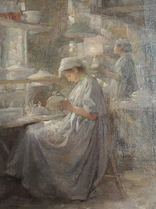 « Atelier de retoucheuses, fabrique de porcelaine Boisbertrand à Limoges », huile sur panneau. Musée des Beaux-Arts de Limoges.