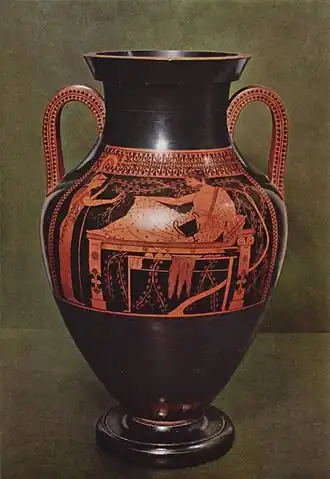 Héraclès au repos, amphore du Peintre d'Andokidès, v. 520, Staatliche Antikensammlungen de Munich.