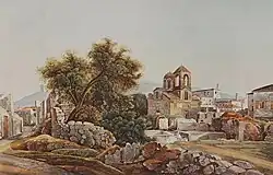 Athènes. L'Église du Gorgoepikoos et le quartier ruiné de Gorgopiko, depuis le Nord-Ouest.