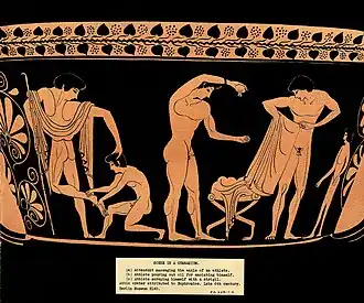 Athlètes au gymnase, Cratère attique, fin du VIe&nbsp;siècle&nbsp;av. J.-C. Musée de Berlin.