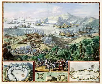 Gravure de Romeyn de Hooghe concernant la bataille au large de Tobago de 1677 entre la France et les Pays-Bas.