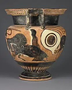 Lion attaquant un taureau (auroch), c'est un thème récurrent sur les poteries grecques. Athènes, VIe&nbsp;siècle&nbsp;av. J.-C.