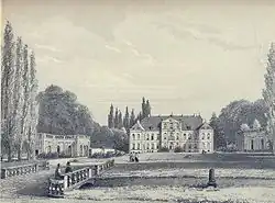 Le château d'Attre. Dessin et lithographie de Bielski (milieu du XIXe siècle).