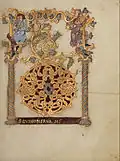 Enluminure nord-italienne du début du XIe&nbsp;siècle. Les mélanges créatifs entre les entrelacs de cordons et les rinceaux végétaux se retrouvent dans les enluminures de toute l'Europe occidentale durant tout le Moyen Âge.