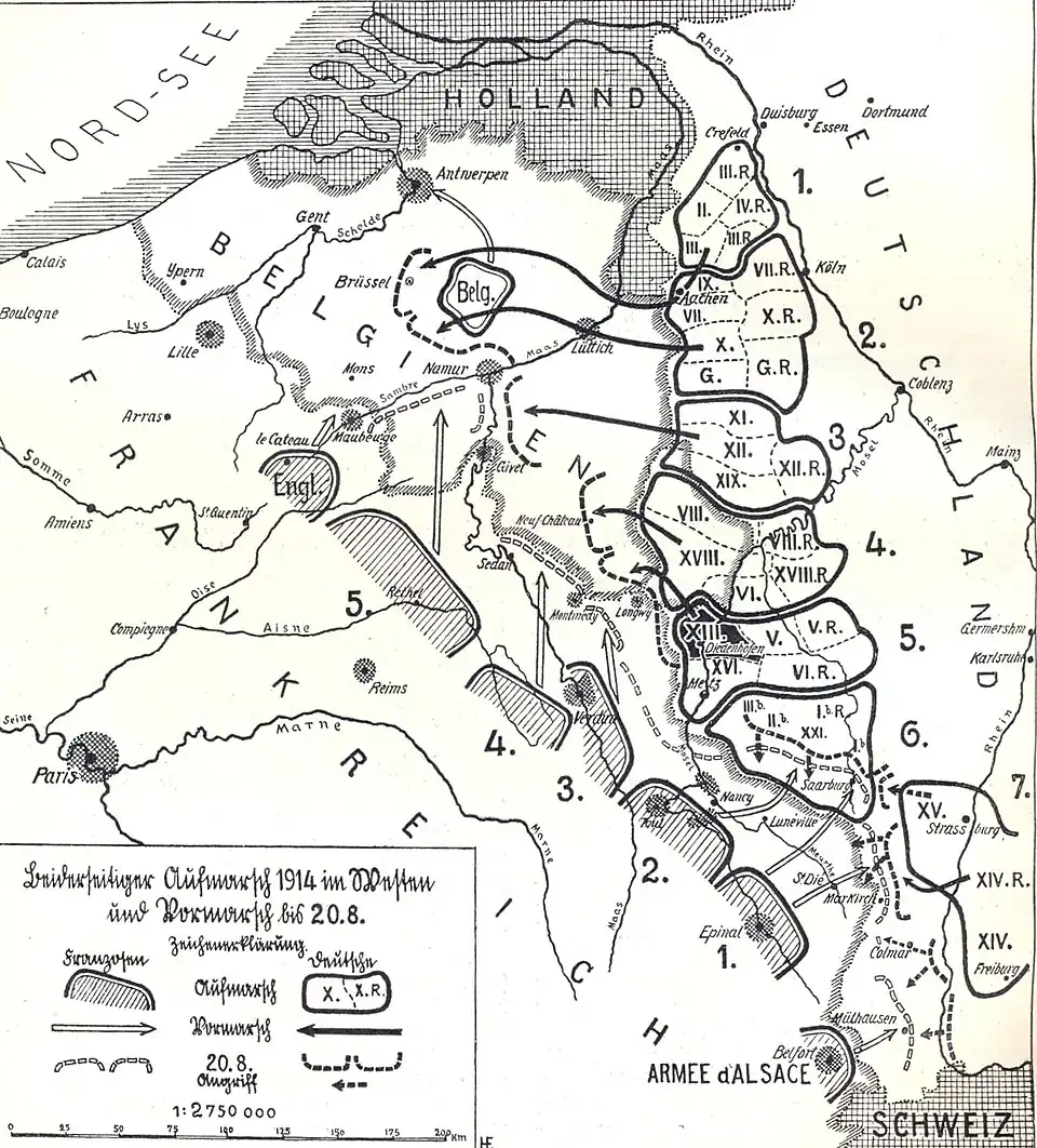 Carte montrant le déploiement allemand le long des frontières avec la Belgique et la France.