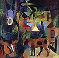 August Macke, Paysage, vaches, voile, bateau et figures (1914).