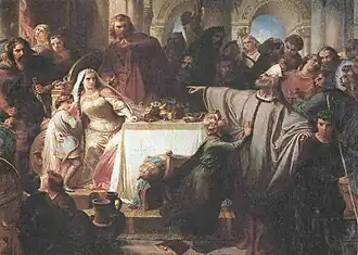 Un évêque, debout, apostrophe une femme et un homme lors d'un banquet où sont attablés de nombreux convives.