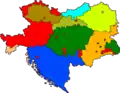 Option à neuf entités (Aurel Popovici, 1906) : Autriche, Bohême-Moravie, Slovaquie, Galicie polonaise (bleu ciel), Ruthénie (vert clair), Hongrie (vert), Ital-Autriche (abricot), Sud-Slavie (bleu) et Rouman-Autriche (orange).