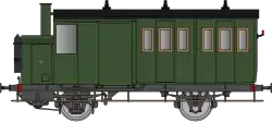Autorail de forme rectangulaire avec une livrée verte, six fenêtres et deux portes à l'arrière délimitent la partie voyageur tandis qu'une cheminée surplombe le capot tout à l'avant.