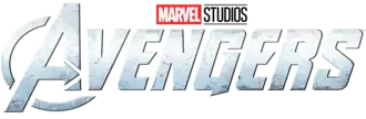 Le mot AVENGERS en capitales, en gris métallisé, avec THE dans la barre du A, et MARVEL en blanc sur rouge au-dessus