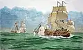 Ganj-i-Sawai pris en chasse par la flotte pirate d'Every. Le Ganj-i-Sawai est dépeint par erreur comme un Indiaman.