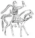 Le roi indo-sace Azes II revêtu de la cataphracte de cavalier cuirassé (croquis d'après une pièce de monnaie du Ier&nbsp;siècle&nbsp;av. J.-C.).