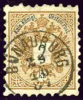 2 kr oblitéré en 1887 unilingue en Bohême Bynov