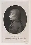 Gravure montrant un visage de jeune homme aux cheveux longs de profil vers la gauche