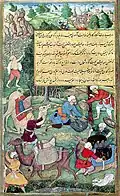 Scène de marché à Kand-i Badam (entre Samarkand et Andizan): pesée et transport d'amandes. Miniature fin du XVIe&nbsp;siècle. National Museum New Delhi.