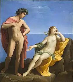 Peinture représentant deux jeunes gens nus se tenant sur des rochers au bord de la mer.
