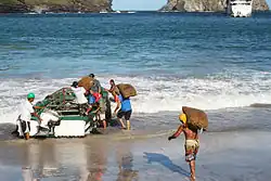 Photo montrant des hommes transportant des sacs de coprah dans une barque, dans la baie de Hane.
