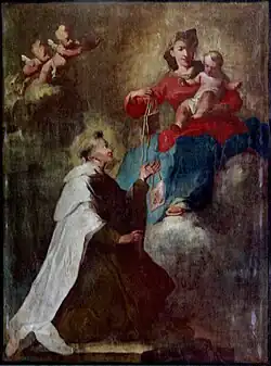 La Vierge Marie remet le scapulaire à saint Simon Stock (XVIIIe&nbsp;siècle). Drapeau de procession, Sanctuaire Notre-Dame de Mont Carmel à Meersburg