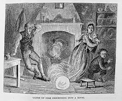 Gravure en noir et blanc présentant un intérieur du XIXe siècle dans lequel circule une boule de feu à la vue d'une famille affolée.