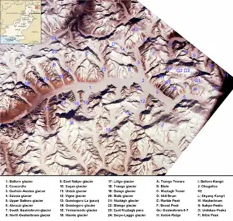 Vue satellite de la région du Baltoro (Concordia est marquée 2).