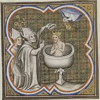 Le baptême de Clovis représenté dans une enluminure des Grandes Chroniques de France de Charles V, vers 1370-1379.