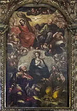 La Vierge Marie entre saint Joachim et sainte Anne surmontés du Christ et du Père éternel.