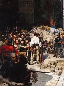 Tableau montrant des hommes en armes devant une barricade.