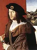 Bartolomeo Veneto exécuta ce portrait présumé d'Angelo Gabriel, dont le dessin échiqueté des manches du vêtement a été mis en relation avec les armoiries de sa famille.