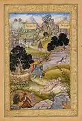 Un pèlerin musulman apprend une leçon de piété d'un brahmane, folio d'un Khamsah (recueil de cinq poèmes) de Amir Kushro Dihlavi, 1597-1598, Metropolitan Museum of Art