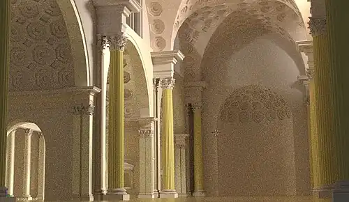 Aspect probable de l'intérieur de la basilique de Maxence et Constantin. À gauche, les trois arcs colossaux, subsistant encore de nos jours.
