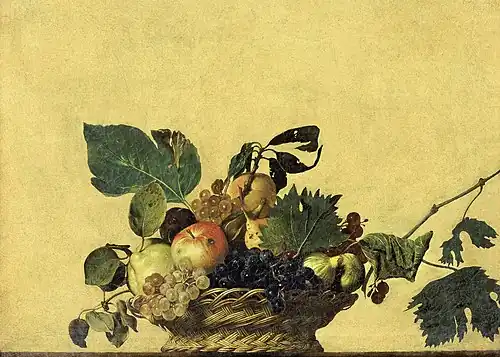 Peinture de fruits et de feuilles, certains touchés par la pourriture.