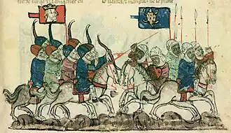 Photographie d'une miniature montrant deux groupes d'archers de cavalerie combattre.